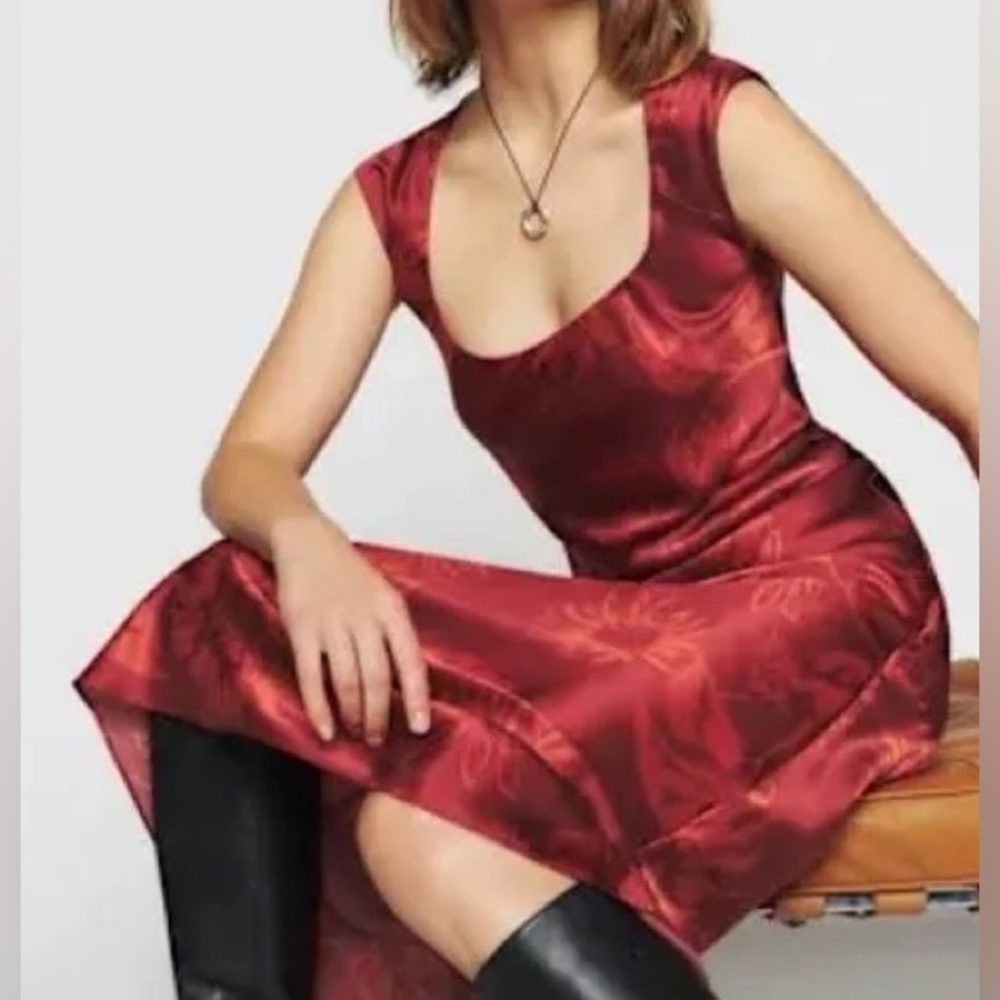 Reformation Red Satin Floral Scoop-Neck Midi Dress